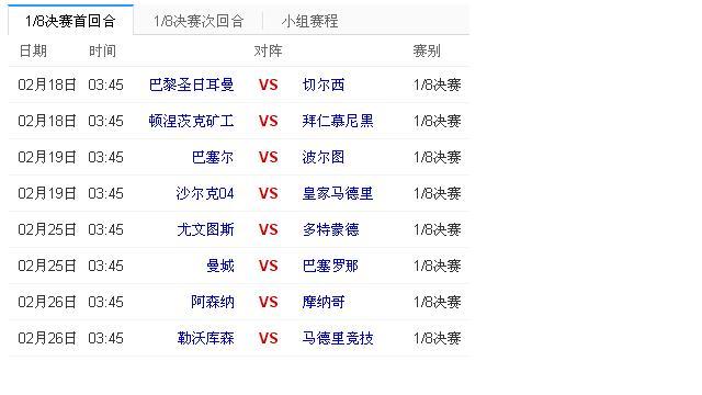 欧冠16强战赛程_欧冠16强赛程时间